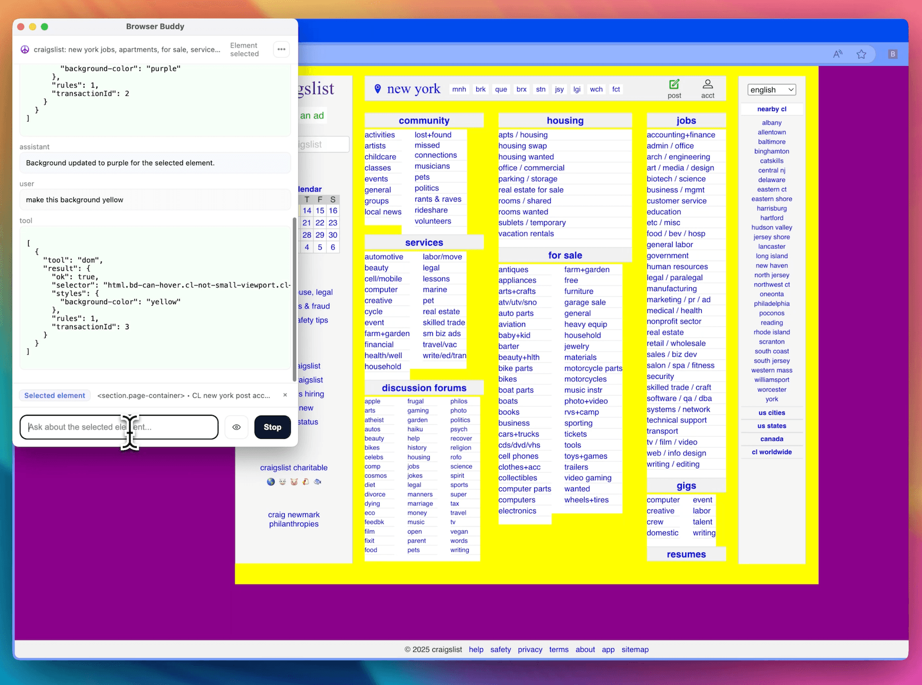 Browser Buddy extension interface showing webpage editing options